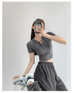 Fashion Hooded T-shirts Women Summer Tight Short Sleeve Y2k Tees Gray Crop Tops Female