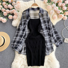 Summer Women Two Piece Set Plaid Long Sleeve Sunscreen Shirt+A-line Knitting Slip Dress