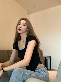 Pure Color Slim Short Sleeve Tees Women 2022 Summer Y2k Crop Fashion Sexy Blouse