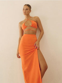 Cryptographic Bandage Cut Out Sexy Halter Neck Top and Skirts Set Gathered Elegant