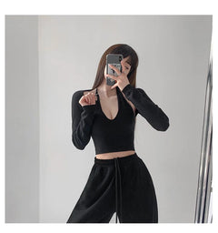 Y2K T-shirt Two Piece Women Long Sleeve Smock+Knitted Halterneck Camis Skinny Cropped Tops Woman