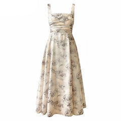 Summer Sleeveless Women Printed Dress Elegant Slim Waist Spaghetti Strap Female