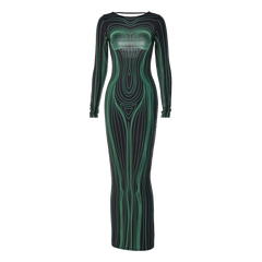 Striped Print Long Sleeve See Through Sexy Bodycon Maxi Dress