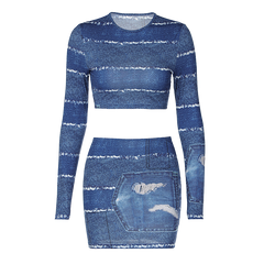 Print O Neck Long Sleeve Vintage Sexy Crop Top Patchwork Skirt 2 Pcs Set