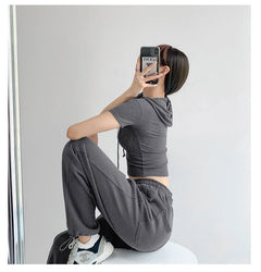 Fashion Hooded T-shirts Women Summer Tight Short Sleeve Y2k Tees Gray Crop Tops Female