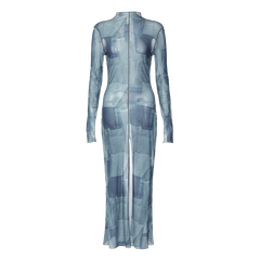 Mesh O Neck Long Flare Sleeve Print Slit Vintage Sexy Bodycon Maxi Dress