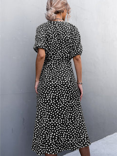 Woman Short Sleeve V Neck Chiffon Wrap Dresses Polka Dot Streetwear Elegant Midi Dress