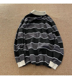 Striped POLO Shirt Men Women Casual Loose Couple BF Lapel Sweatshirts