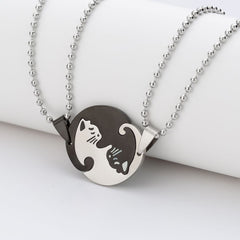 1 Set Couple Charm Cat Pendant Necklace Women Men Stainless Steel Girl Gift Jewelry Blue Cololr
