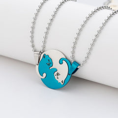 1 Set Couple Charm Cat Pendant Necklace Women Men Stainless Steel Girl Gift Jewelry Blue Cololr