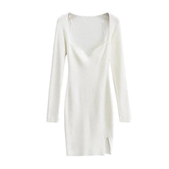 Aproms Elegant Square Neck Ribbed Knitted Dresses Women Long Sleeve High Stretch Bodycon