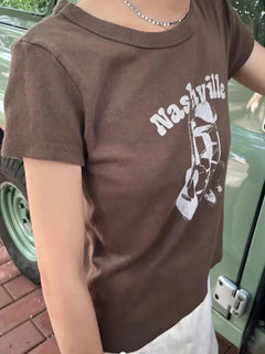 Vintage Brown Guitar Print Slim Tee Tops Women