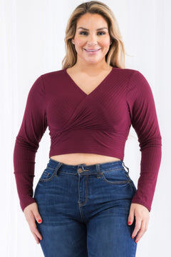 Ribbed Wrap Front Long Sleeve Top