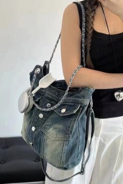 Washed Denim Double Pockets Tote Bag