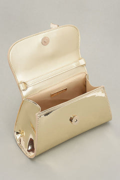 Faux Mirror Leather Ribbon Metal Top Handle Bag