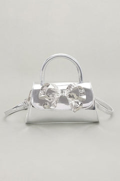 Faux Mirror Leather Ribbon Metal Top Handle Bag