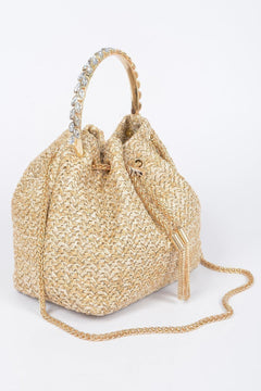 Faux Straw Bucket Bag W/stone Handle