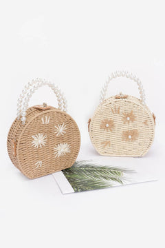 Faux Straw Handmade Clutch W/pearl Handle