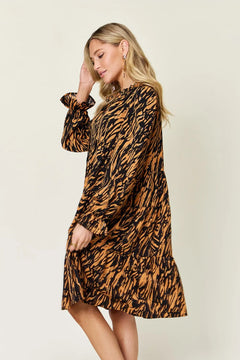 Double Take Full Size Printed Ruffle Hem Long Sleeve Dress Plus Size