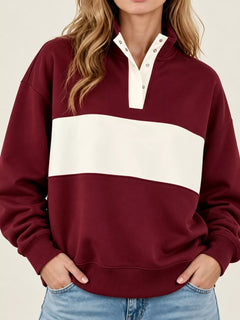 Full Size Color Block Snap-Button Sweatshirt Plus Size