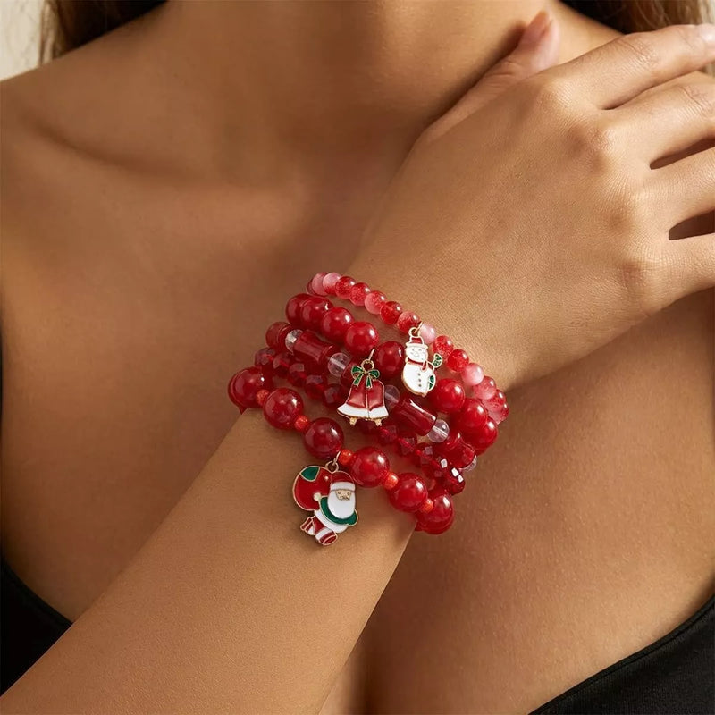 5 Piece Christmas Theme Beaded Charm Bracelet Set