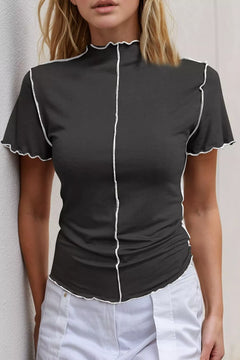 Basic Bae Mock Neck Wave Edge Contrast Stitching Ruffle Short Sleeve Slim Fit Casual Top