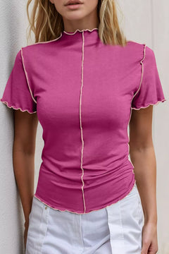Basic Bae Mock Neck Wave Edge Contrast Stitching Ruffle Short Sleeve Slim Fit Casual Top