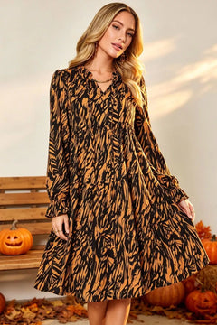 Double Take Full Size Printed Ruffle Hem Long Sleeve Dress Plus Size