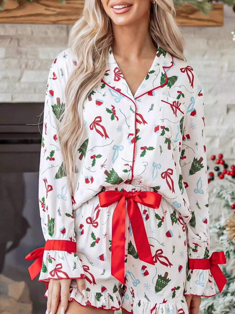 Christmas Print Ruffle Cuff Long Sleeve Lounge Set