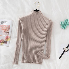 Pullover Ribbed Knitted Sweater Autumn Winter Clothes Women 2021 High Neck Long Sleeve