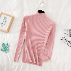 Pullover Ribbed Knitted Sweater Autumn Winter Clothes Women 2021 High Neck Long Sleeve