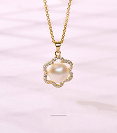 Pearl White Natural Freshwater 8-9mm Silver Gold Plated Flower Zirconia Pendants Necklaces