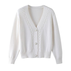 Sweater Cardigan Women Autumn Winter V Neck Pearl Single Breasted Loose Short Thicken Sweater Top