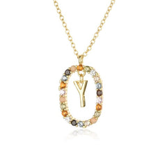 Sterling Silver Gold 26 Alphabet B J P Letters A M Initial Long Chain Necklace Summer Colorful Zircon Ovals